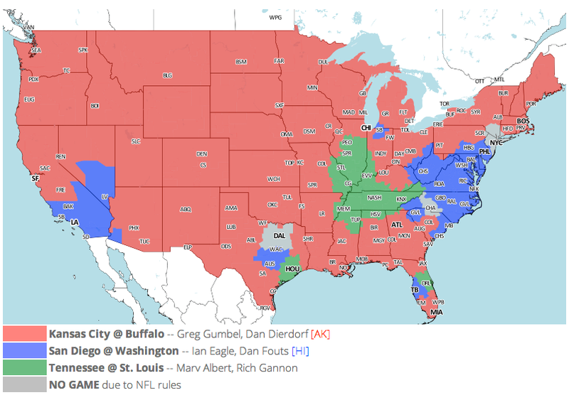 Illustration for article titled Which TV Market's Getting Screwed Today? Your Week 9 NFL Viewing Maps